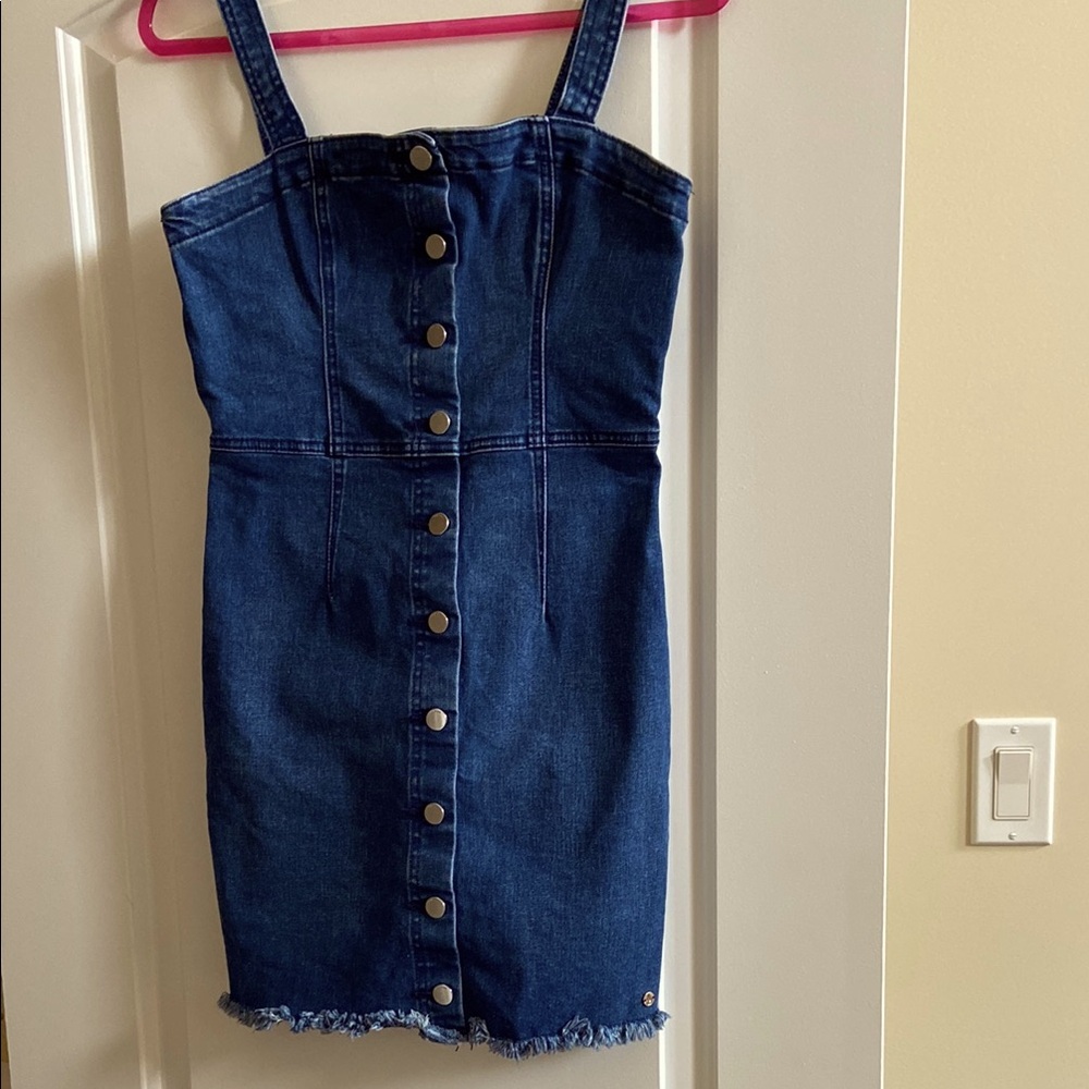 Denim Button-Down Denim Dress with fringe hem size M